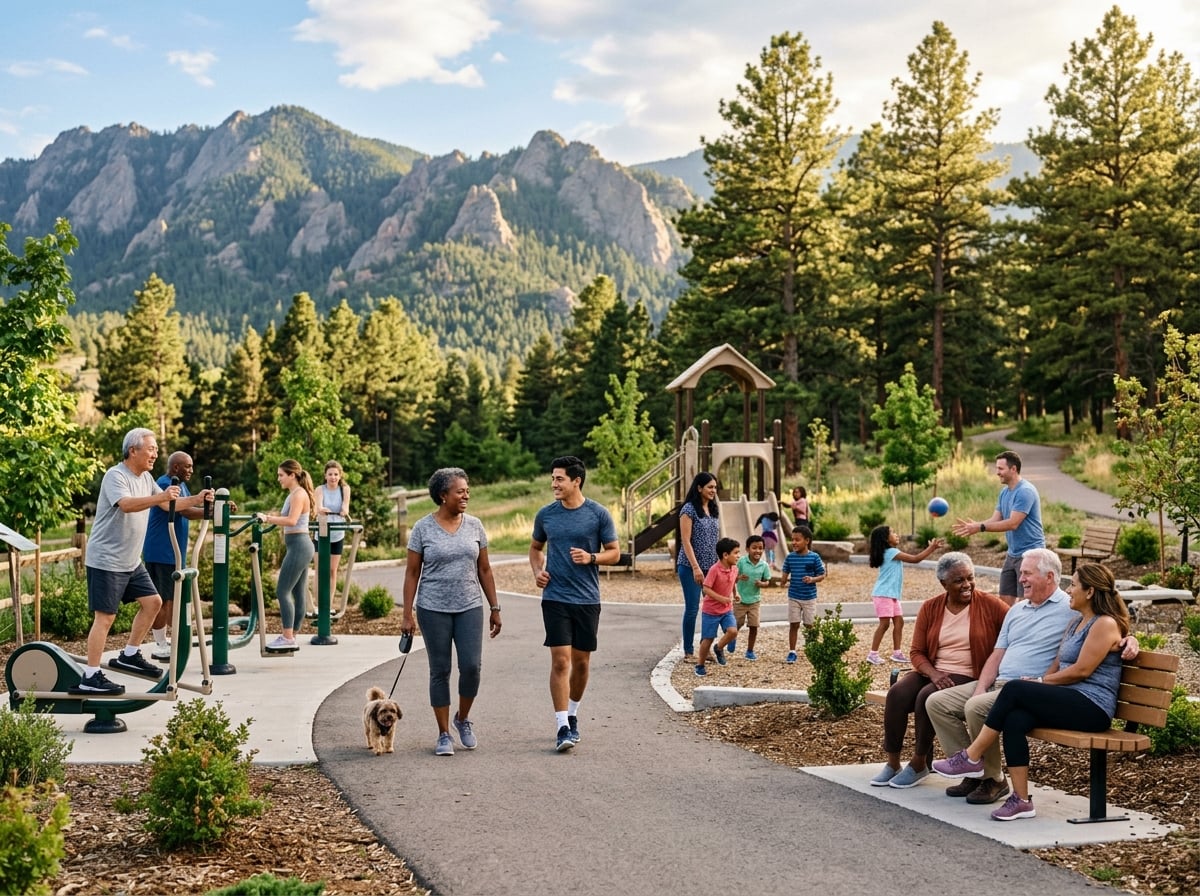 Neighbors of different ages enjoying an outdoor community wellness and recreation space
