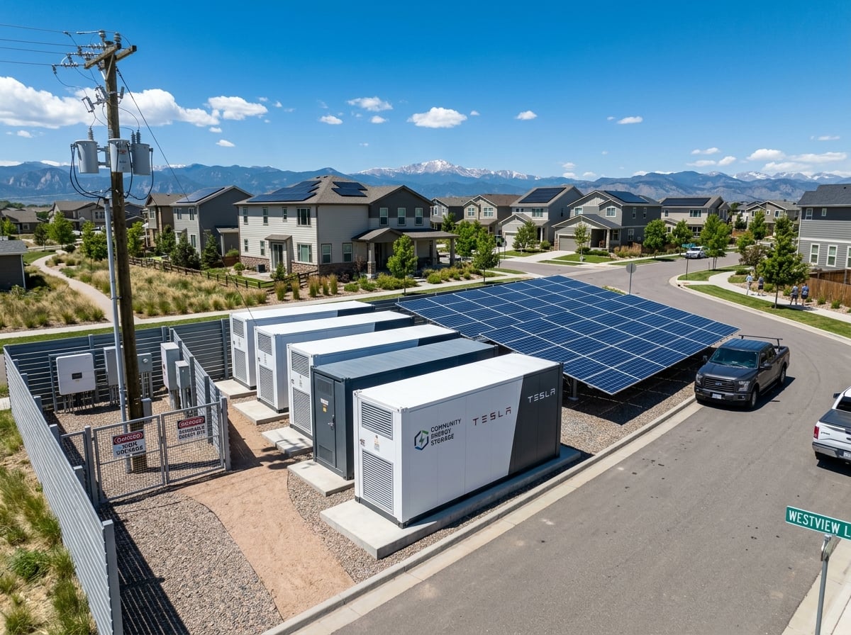 A neighborhood-scale renewable energy and battery storage installation beside homes