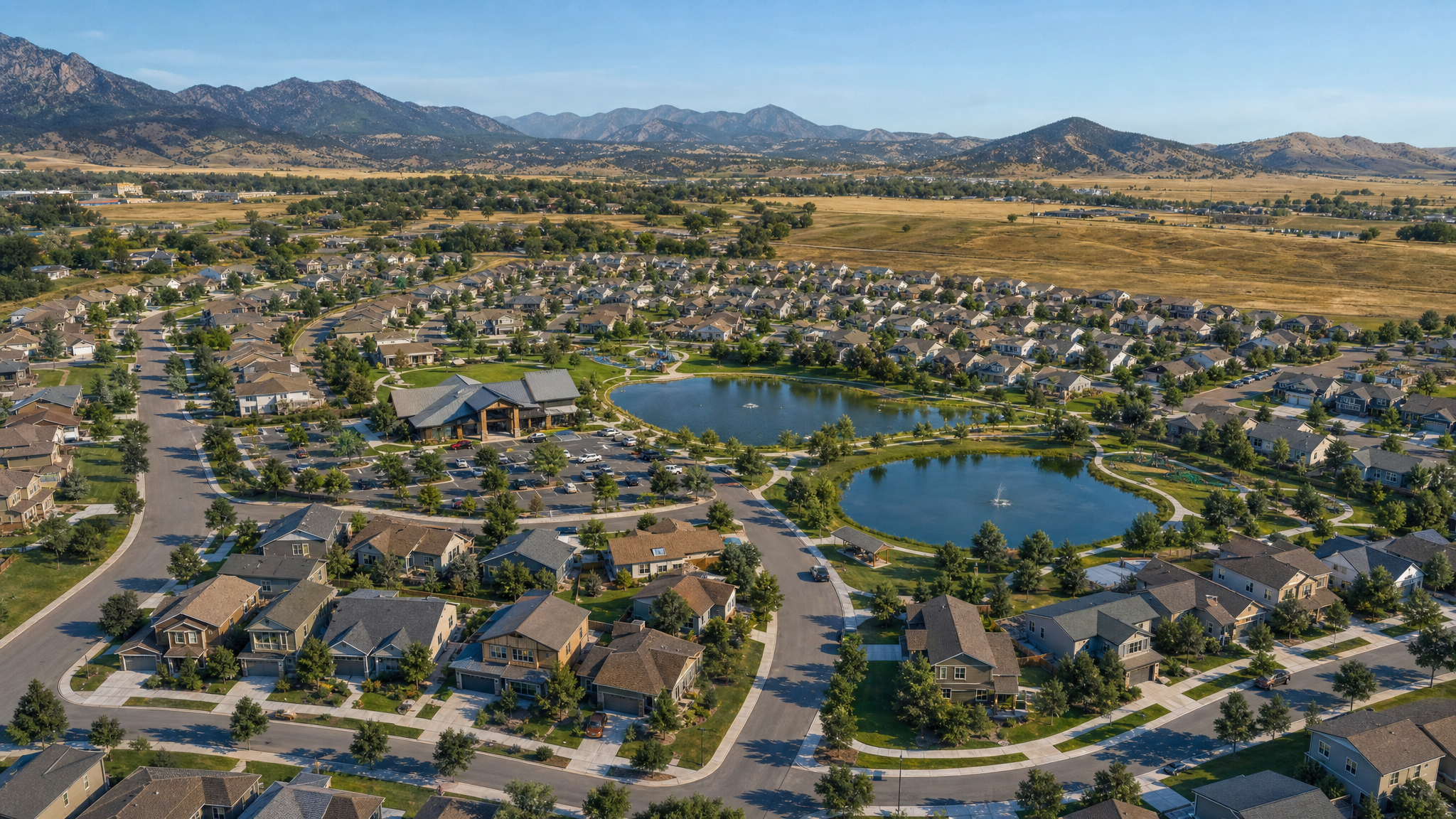 Projected aerial view of the finished 80-100 acre community with parks and ponds